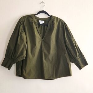NWOT VELVET by Graham & Spencer olive green cotton puff sleeves top sz XS oversi